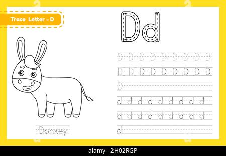 Trace letter D uppercase and lowercase. Alphabet tracing practice preschool worksheet for kids learning English with cute cartoon animal. Coloring boo Stock Vector