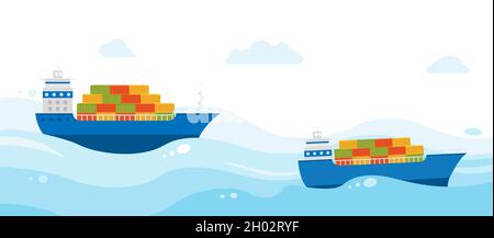 Two cargo ships with cargo are sailing on sea. Sea cargo delivery. Stock Vector