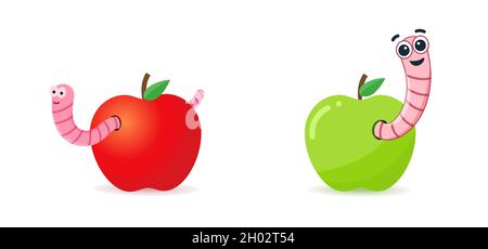 Red and green apples with worms. Worm is a cartoon character Stock Vector