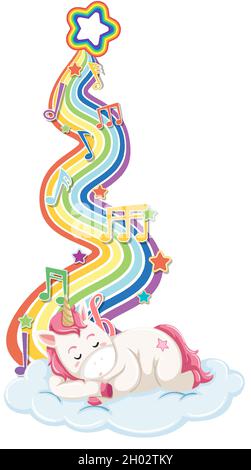 Unicorn sleeping on the cloud with melody symbols on rainbow wave ...