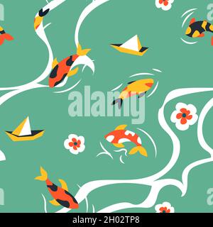 Japanese Koi fish swimming in pond or lake pattern Stock Vector