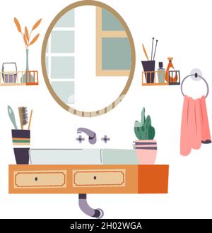 Bathroom. Mirror, sink and toothbrush in a flat style. Vector ...