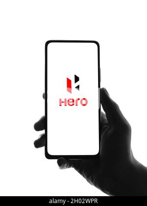 West Bangal, India - October 09, 2021 : Hero logo on phone screen stock image. Stock Photo