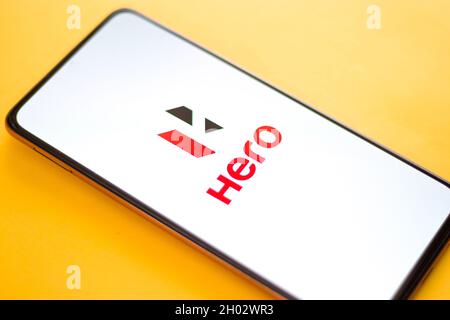 West Bangal, India - October 09, 2021 : Hero logo on phone screen stock image. Stock Photo