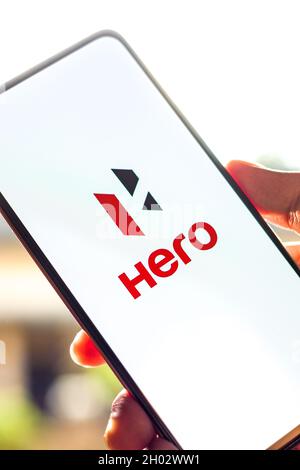 West Bangal, India - October 09, 2021 : Hero logo on phone screen stock image. Stock Photo