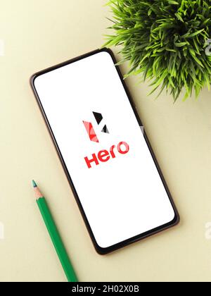 West Bangal, India - October 09, 2021 : Hero logo on phone screen stock image. Stock Photo