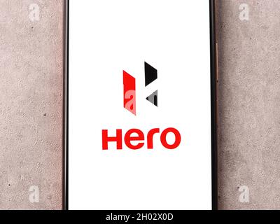 West Bangal, India - October 09, 2021 : Hero logo on phone screen stock image. Stock Photo