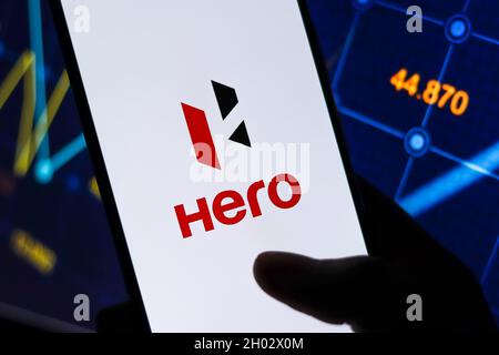 West Bangal, India - October 09, 2021 : Hero logo on phone screen stock image. Stock Photo