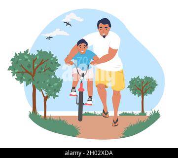 Happy dad teaching his son to ride bicycle in park, vector illustration. Parent child relationship. Father day activity. Stock Vector