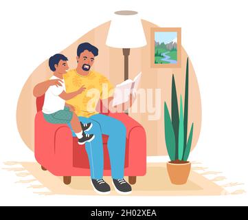 Happy father reading book to son sitting in armchair, flat vector illustration. Parent child relationship. Parenting. Stock Vector