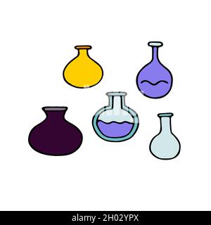 Medical test tubes doodle set. Hand-drawn flasks isolated on white background. Chemical glass for medical, scientific, educational, school, laboratory Stock Vector
