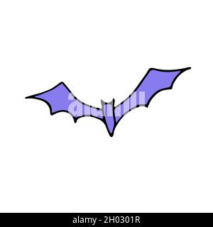 Doodle purple cute bat. Hand-drawn creepy winged animal isolated on white background. Color flittermouse flock. Image for Halloween, print, autumn hol Stock Vector
