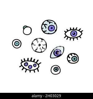 Doodle scary eyes set. Hand-drawn crazy monster elements. Violet eyeball with a pupil, eyelashes, vessels, cracks. Witch, zombie sign. Spooky symbol. Stock Vector