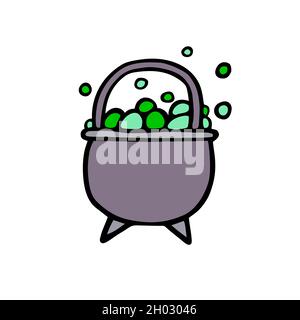 Magic cauldron of potion doodle. Cartoon witch's boiler isolated on white background. Halloween brew kettle with bubbles. Vector illustration for spoo Stock Vector