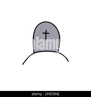 Vector doodle cross. Outline grave isolated on white background. Headstone on the tomb. Cartoon cemetery landscape. Symbol of Halloween, Day of the De Stock Vector