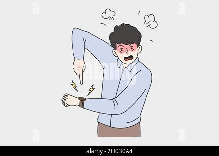 Angry man point at hand watch notify about missed deadline. Mad furious businessman show time on clock note being late for work. Job delay, time management. Flat vector illustration, pop art.  Stock Vector