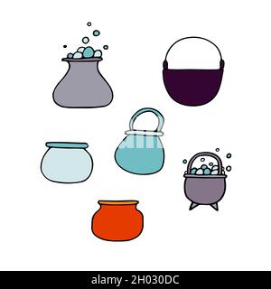 Magic cauldron of potion doodle set. Colored witches boiler isolated on white background. Halloween brew kettle with bubbles. Vector illustration for Stock Vector
