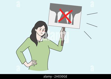 Woman activist with banner protest against plant air pollution. Female hold sign poster on demonstration, demand factory stop working. Environment and planet save, industrial polluting problem.  Stock Vector