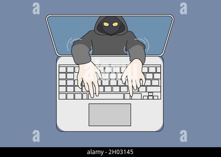 Thief in mask hands come out of laptop screen provide illegal phishing activity on internet. Scammer hacker steal data information online on computer. Network fraud, spam, virus. Vector illustration. 