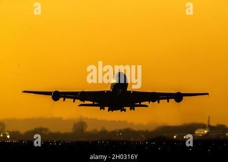 File photo dated 06/02/2020 of British Airways Airbus A380-841 as it takes off from Heathrow Airport. Travel between the UK and dozens of long-haul destinations such as Mexico and South Africa opens up from Monday. Issue date: Monday October 11, 2021. Stock Photo