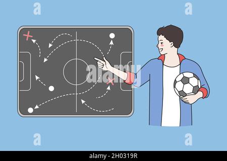 Football coach make instruction show game plan on board for players. Man trainer or instructor train team before match. Soccer playing, sport, training course. Flat vector illustration.  Stock Vector