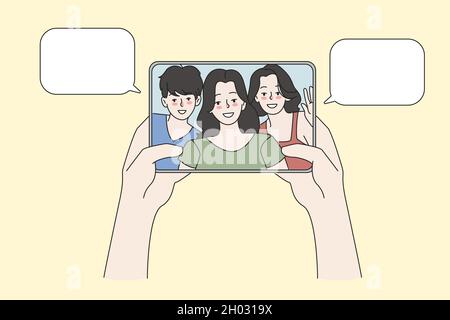 Person hold tablet device talk speak on video call online with friends. People have webcam digital conference communication on pad gadget. Distant virtual event, technology. Vector illustration.  Stock Vector