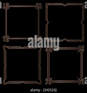 Set of 4 geometric square frames in Art Deco style. Vector illustration, design elements. Four golden frames isolated on black background, Stock Vector