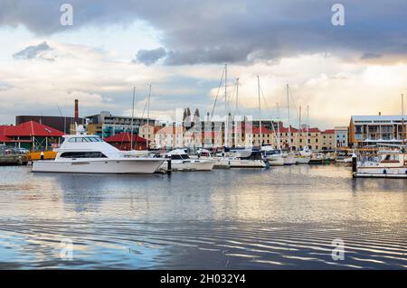 Boats and yachts moored in Victoria Dock - Hobart, Tasmania, Australia Stock Photo