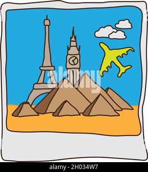 Travel polaroid with famous landmarks. Freehand drawing Stock Vector