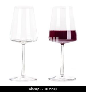 Red wine power glass, empty and full, isolated on a white background. Trendy modern wineglass, a set for design Stock Photo