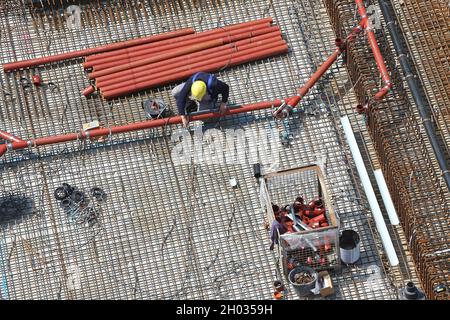 installation of sewer pipes in the reinforcement Stock Photo