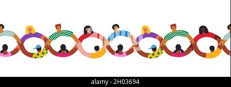 Diverse people group holding hands together making infinite symbol shape. Cooperation support or friend team concept, seamless cartoon pattern on isol Stock Vector