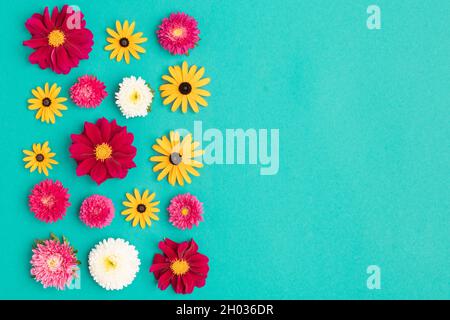 Happy Mother's Day, Women's Day, Valentine's Day or Birthday Pastel Blue Background. Multi colored flat lay greeting card template with beautiful flow Stock Photo