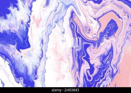 Acrylic texture made in liquid pour technique. Background in pink, white and blue colors. Stock Photo