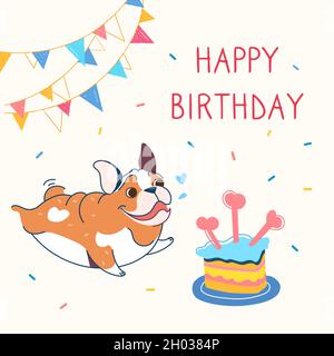 Stylish greeting card with a cute bulldog. Lettering Happy Birthday. Garlands, holiday cake with candles in the form of bone. Your dog has a birthday. Funny cartoon vector with a plump dog Stock Vector