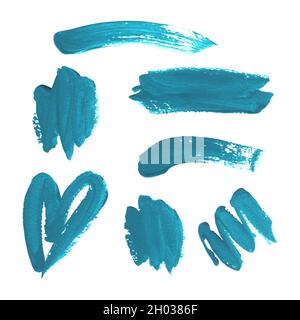 Collection of blue acrylic brush strokes isolated on a white background. Decorative design elements. Stock Photo