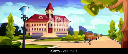 Cartoon building exterior of university, college or high school. Educational institution with empty yard with trees, lawn and benches. Summer landscape with schoolhouse, government house or campus. Stock Vector