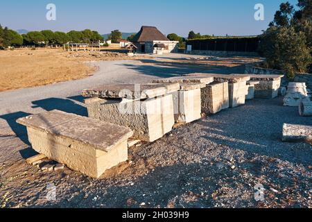 Urla, Izmir - September, 2021: The sarcophagus ruins of ancient Ionian Greek Klazomenai city. Archaeological excavation site in Urla Izmir Turkey. Stock Photo