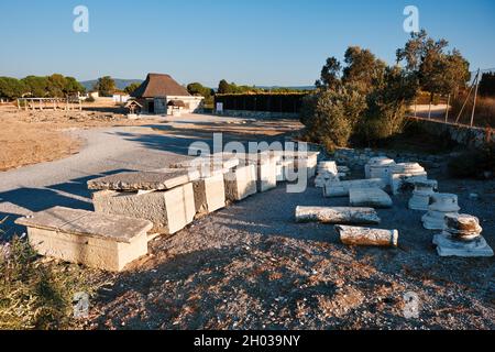 Urla, Izmir - September, 2021: The sarcophagus ruins of ancient Ionian Greek Klazomenai city. Archaeological excavation site in Urla Izmir Turkey. Stock Photo