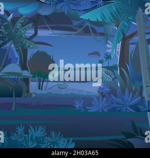 Jungle creepers. Dense thickets. View from Dark night forest. Southern Rural Scenery. Tropical forest panorama. Illustration in cartoon style flat des Stock Vector