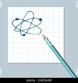Atomic structure handdrawn icon Cartoon vector clip art of an atom or molecule with protons, neutrons and electrons Sketch with pencil Represents conc Stock Vector