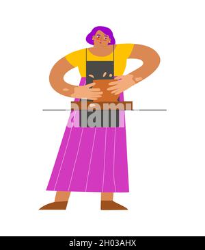 Vector isolated flat illustration with adult Caucasian woman working at pottery wheel. Student learns to make ceramic pot. Her hands, apron are staine Stock Vector
