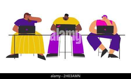 Vector flat illustration. African American man, Latin and Caucasian women sit at table, work on laptops on internet. Lifestyle of freelancers in cowor Stock Vector