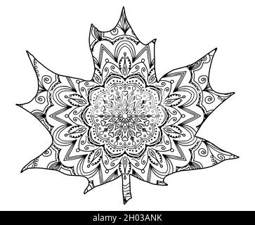 Coloring book page with decorative maple leaf on white background ...