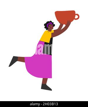 Vector flat illustration with African American woman. Student girl holds handmade ceramic tableware. She learned to create cup in pottery class. Creat Stock Vector