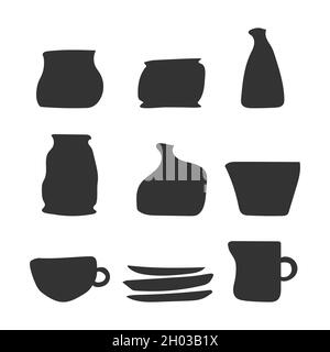 Vector set with isolated dark grey  icons of handmade ceramic dishes. Collection of hand drawn craft earthenware made in pottery wheel. Illustration i Stock Vector