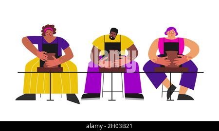 Vector flat illustration about workshop in clay studio. Adult groups of people (women and African American man) make ceramic dishes on wheel throwing. Stock Vector