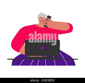 Vector flat isolated illustration. Senior Caucasian woman sits at desk and works online on laptop. Lifestyle of busy and happy freelancer. Elderly lad Stock Vector