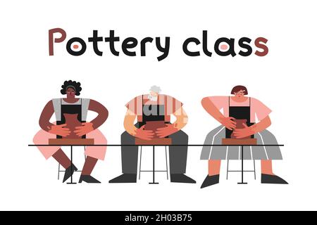 Vector flat isolated concept. Workshop in clay studio. Adult group of people (African American and Latin women and old man) makes ceramic dishes on wh Stock Vector
