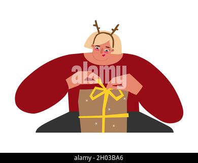 Vector isolated portrait of caucasian woman with antler headband unwrapping gift box in Christmas time. Preparation for holiday. Cute lady holds bow f Stock Vector